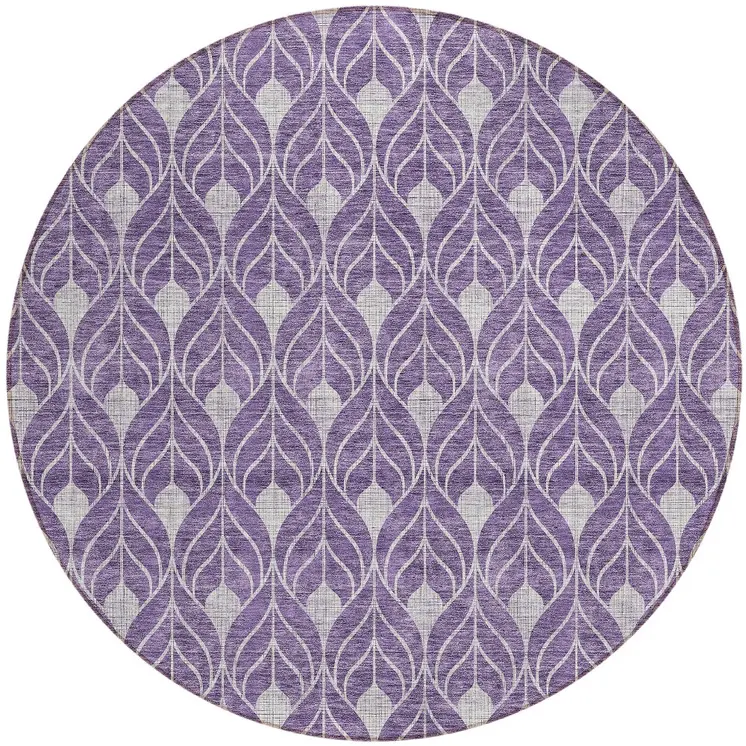 8' Purple And Ivory Round Geometric Washable Indoor Outdoor Area Rug