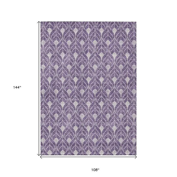9' X 12' Purple And Ivory Geometric Washable Indoor Outdoor Area Rug