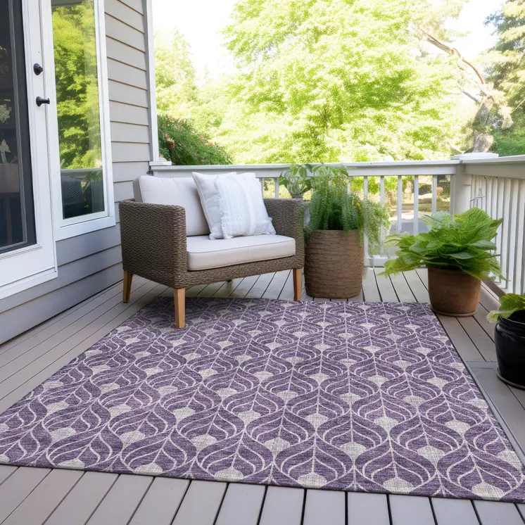 9' X 12' Purple And Ivory Geometric Washable Indoor Outdoor Area Rug