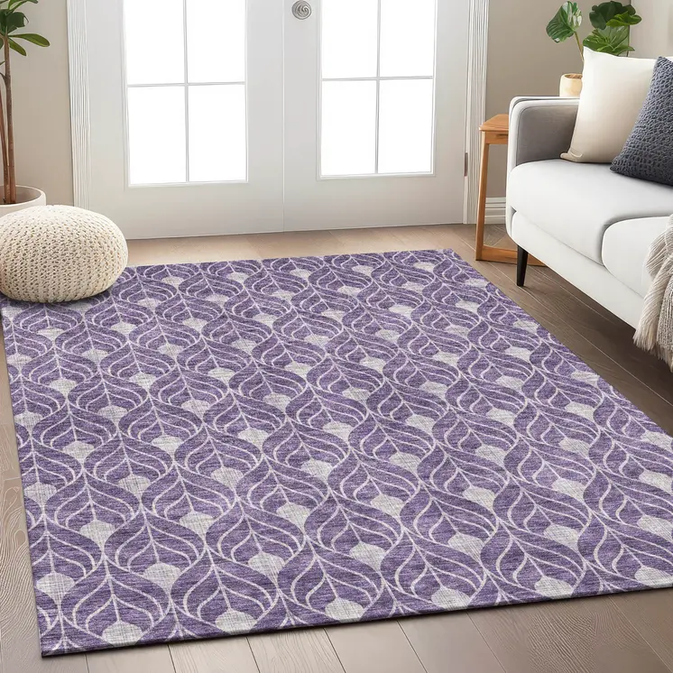 9' X 12' Purple And Ivory Geometric Washable Indoor Outdoor Area Rug