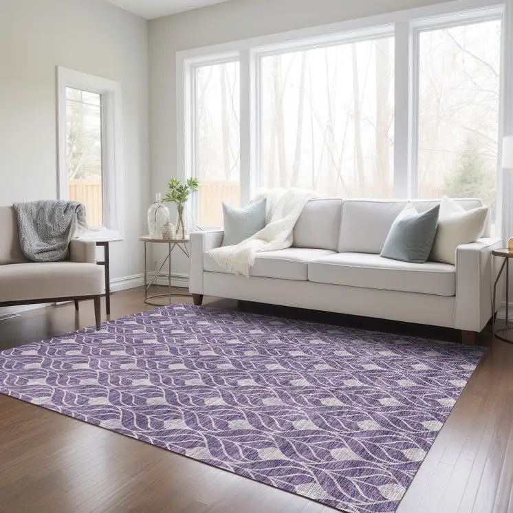 9' X 12' Purple And Ivory Geometric Washable Indoor Outdoor Area Rug