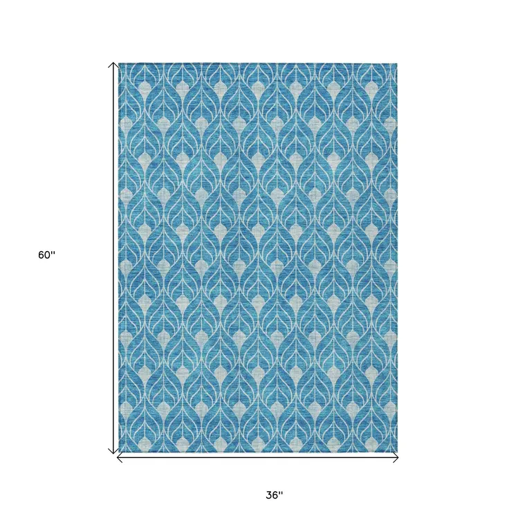 3' X 5' Teal Blue And Ivory Geometric Washable Indoor Outdoor Area Rug