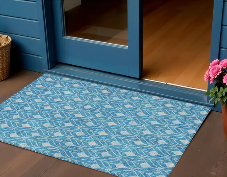 3' X 5' Teal Blue And Ivory Geometric Washable Indoor Outdoor Area Rug