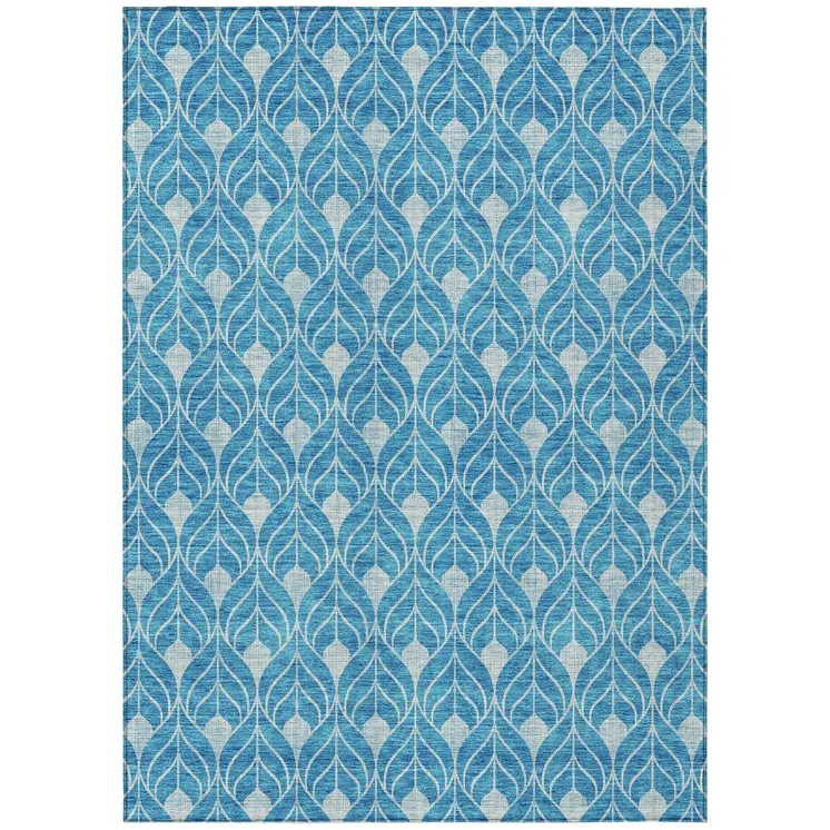 5' X 8' Teal Blue And Ivory Geometric Washable Indoor Outdoor Area Rug