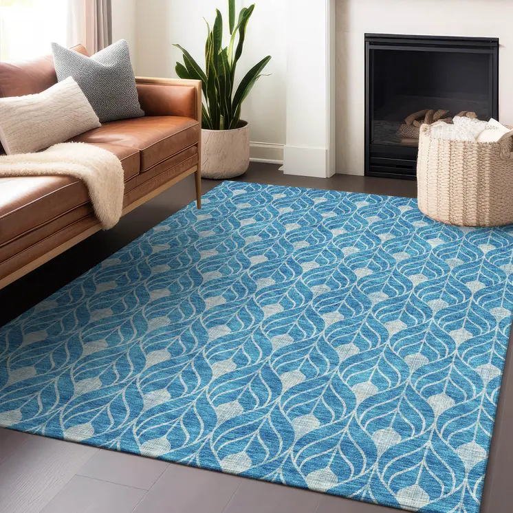 5' X 8' Teal Blue And Ivory Geometric Washable Indoor Outdoor Area Rug