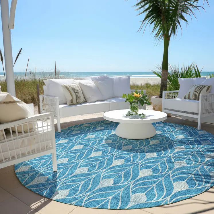 8' Teal Blue And Ivory Round Geometric Washable Indoor Outdoor Area Rug