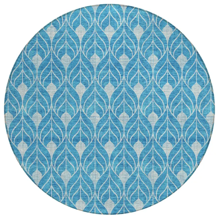 8' Teal Blue And Ivory Round Geometric Washable Indoor Outdoor Area Rug