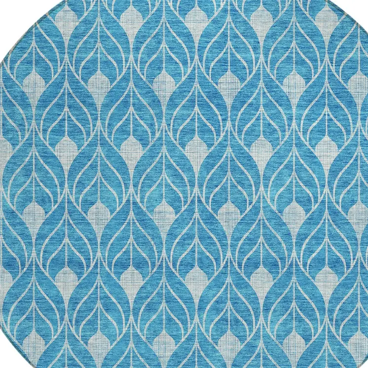 8' Teal Blue And Ivory Round Geometric Washable Indoor Outdoor Area Rug