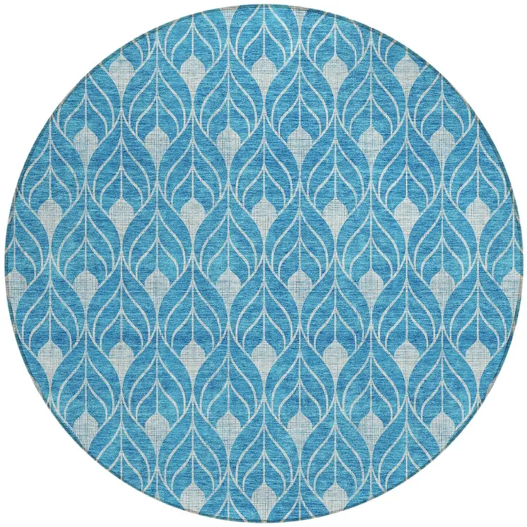 8' Teal Blue And Ivory Round Geometric Washable Indoor Outdoor Area Rug