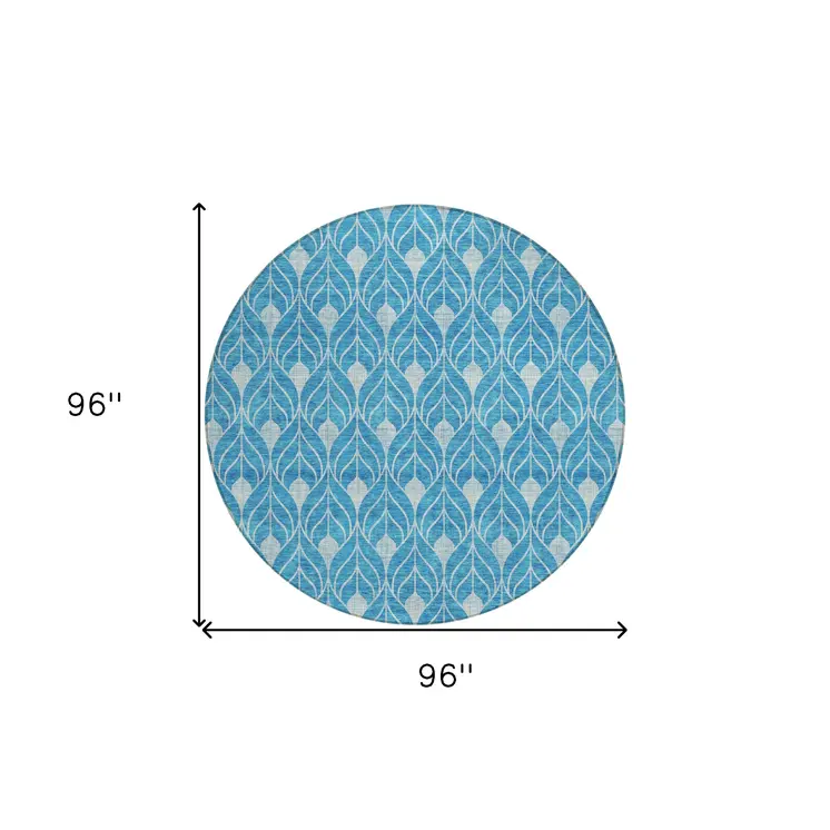 8' Teal Blue And Ivory Round Geometric Washable Indoor Outdoor Area Rug
