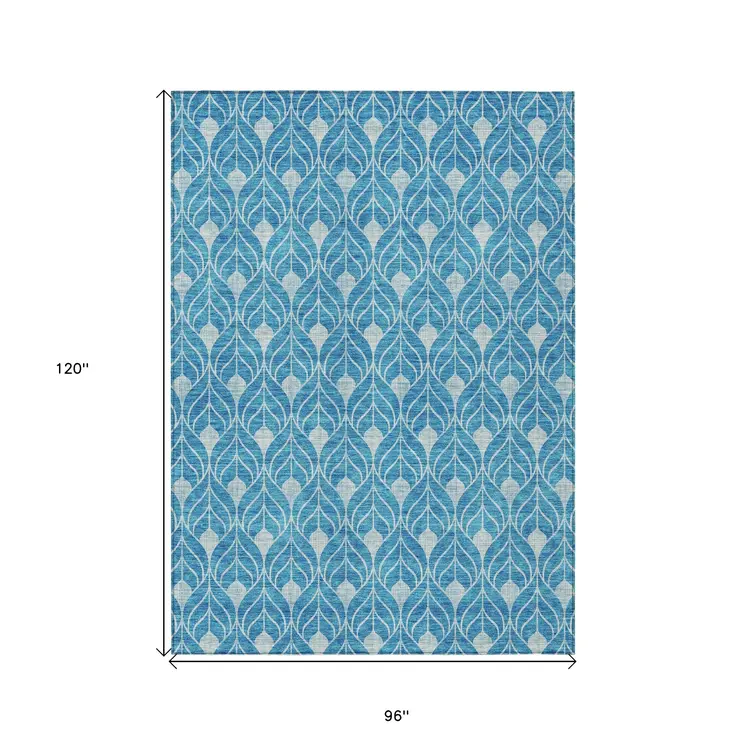 8' X 10' Teal Blue And Ivory Geometric Washable Indoor Outdoor Area Rug