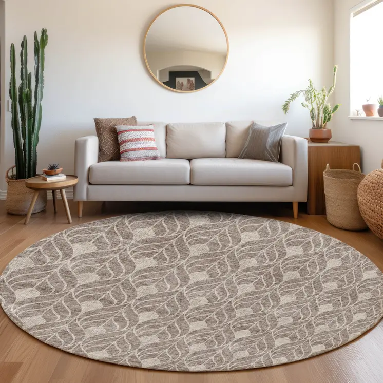 8' Taupe And Beige Round Geometric Washable Indoor Outdoor Area Rug