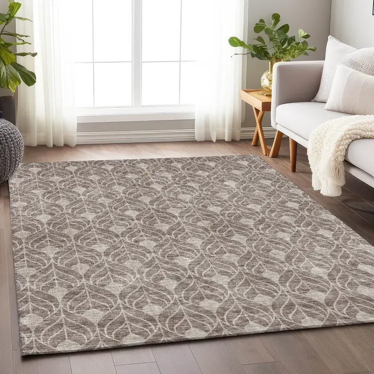 9' X 12' Taupe And Beige Geometric Washable Indoor Outdoor Area Rug