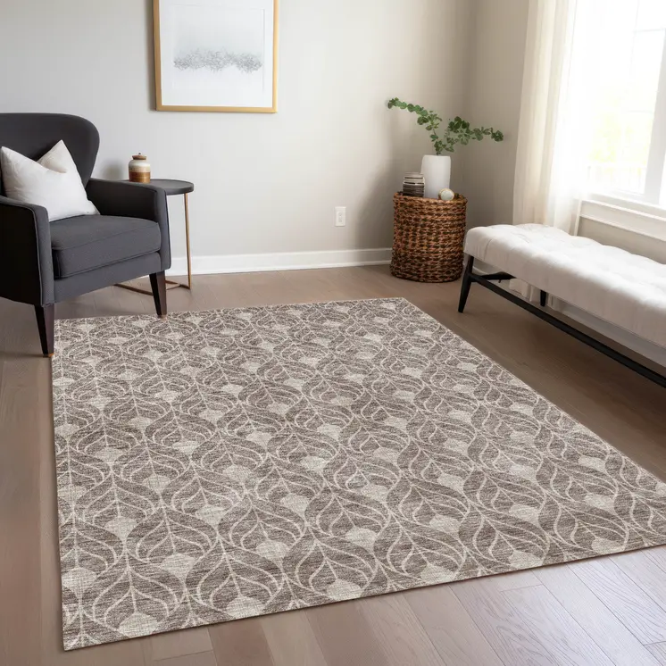 9' X 12' Taupe And Beige Geometric Washable Indoor Outdoor Area Rug