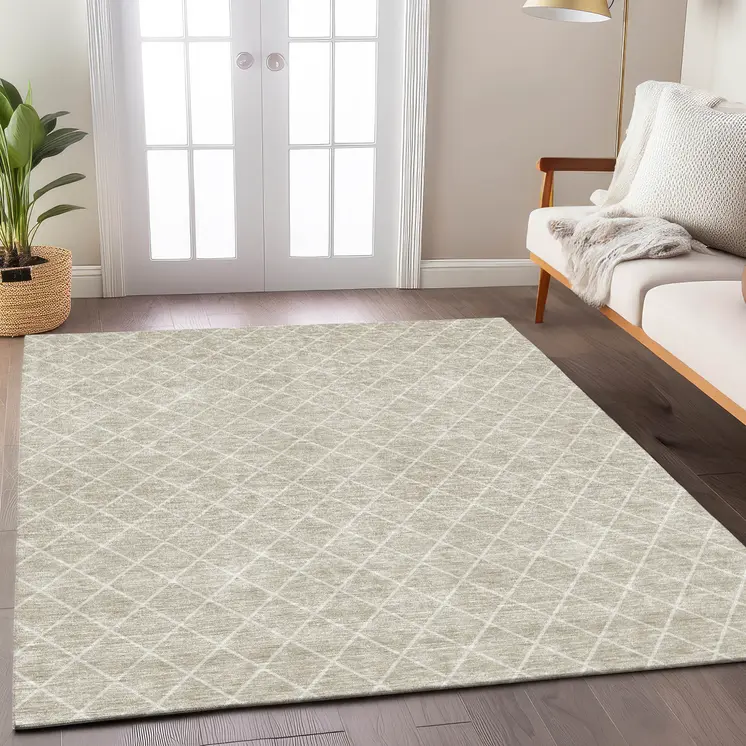 3' X 5' Beige And Ivory Geometric Washable Indoor Outdoor Area Rug