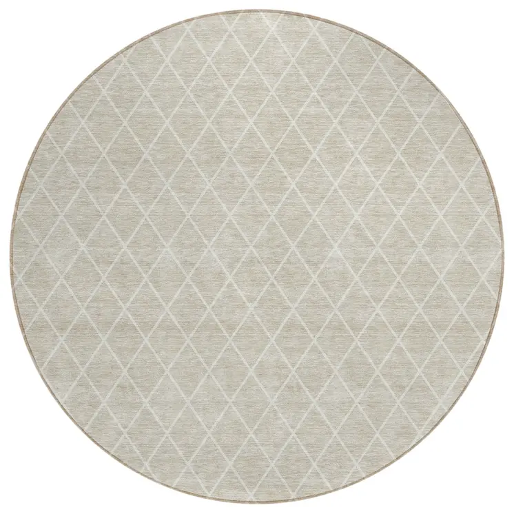 8' Beige And Ivory Round Geometric Washable Indoor Outdoor Area Rug