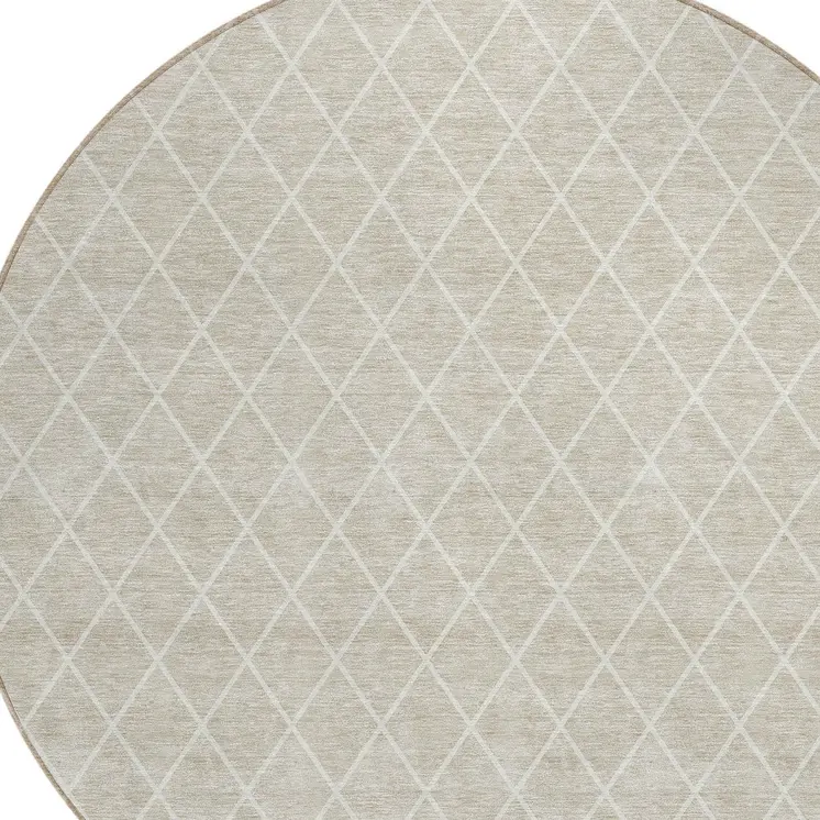 8' Beige And Ivory Round Geometric Washable Indoor Outdoor Area Rug