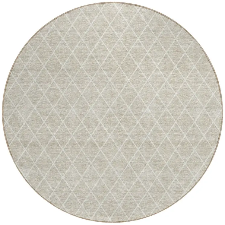 8' Beige And Ivory Round Geometric Washable Indoor Outdoor Area Rug