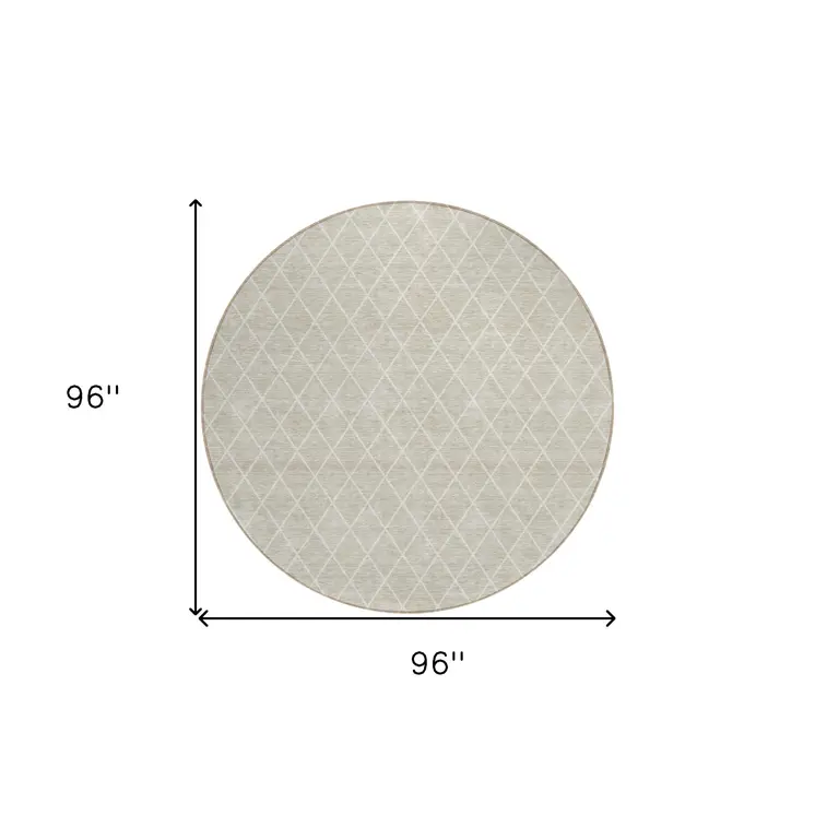8' Beige And Ivory Round Geometric Washable Indoor Outdoor Area Rug