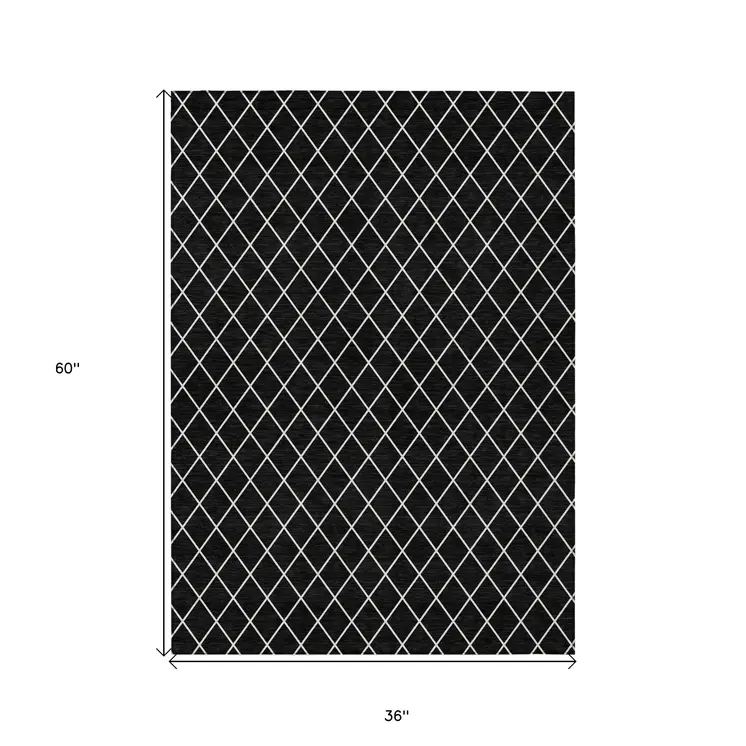 3' X 5' Black And Ivory Geometric Washable Indoor Outdoor Area Rug