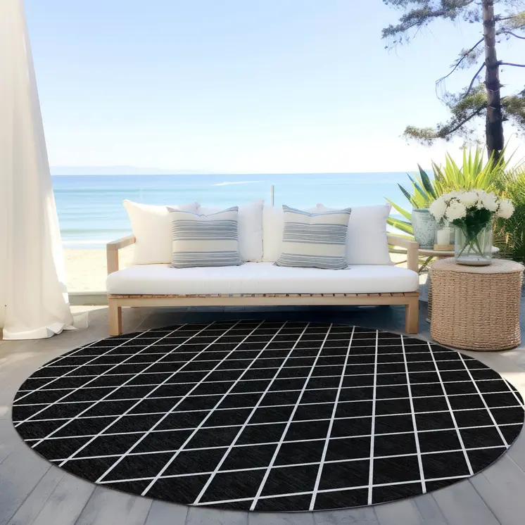 8' Black And Ivory Round Geometric Washable Indoor Outdoor Area Rug