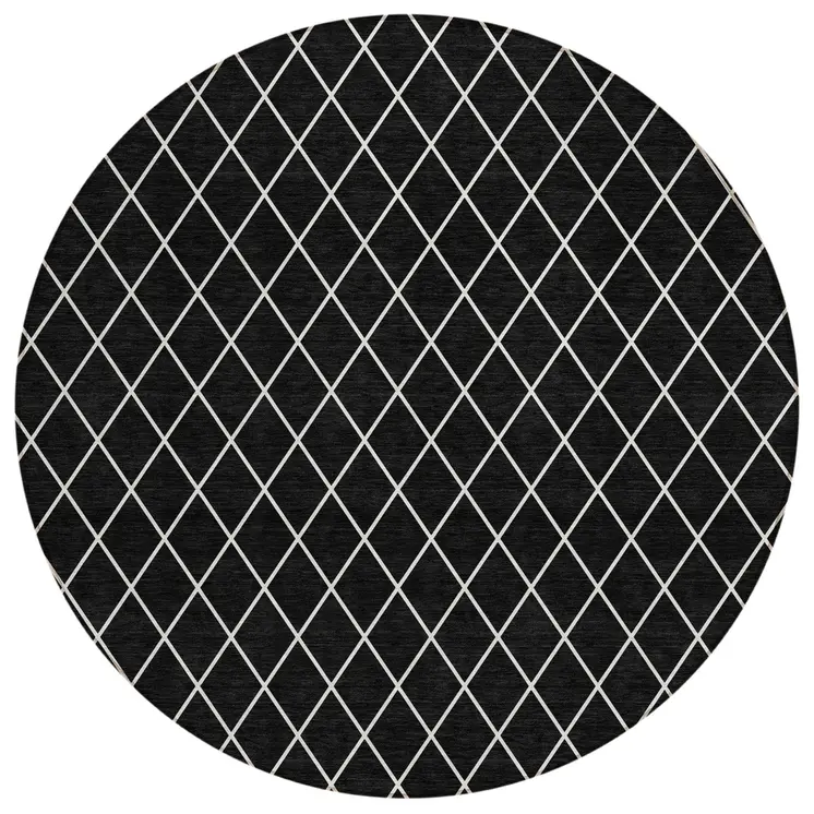 8' Black And Ivory Round Geometric Washable Indoor Outdoor Area Rug