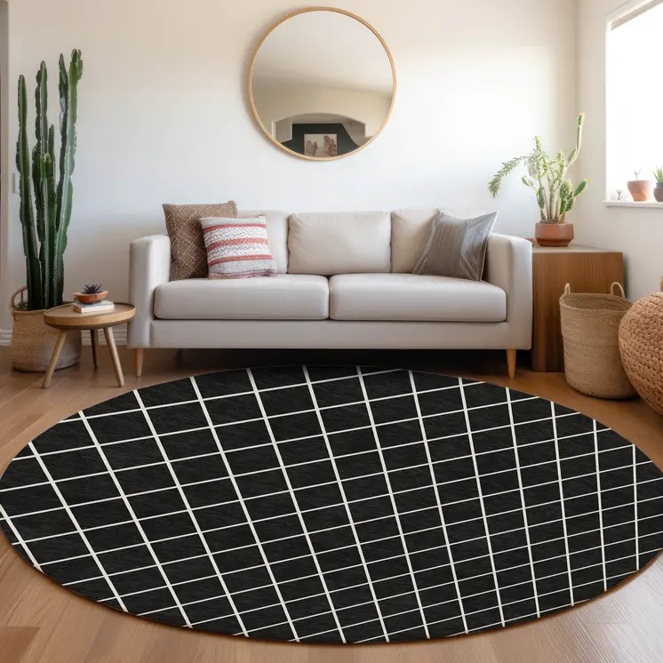8' Black And Ivory Round Geometric Washable Indoor Outdoor Area Rug