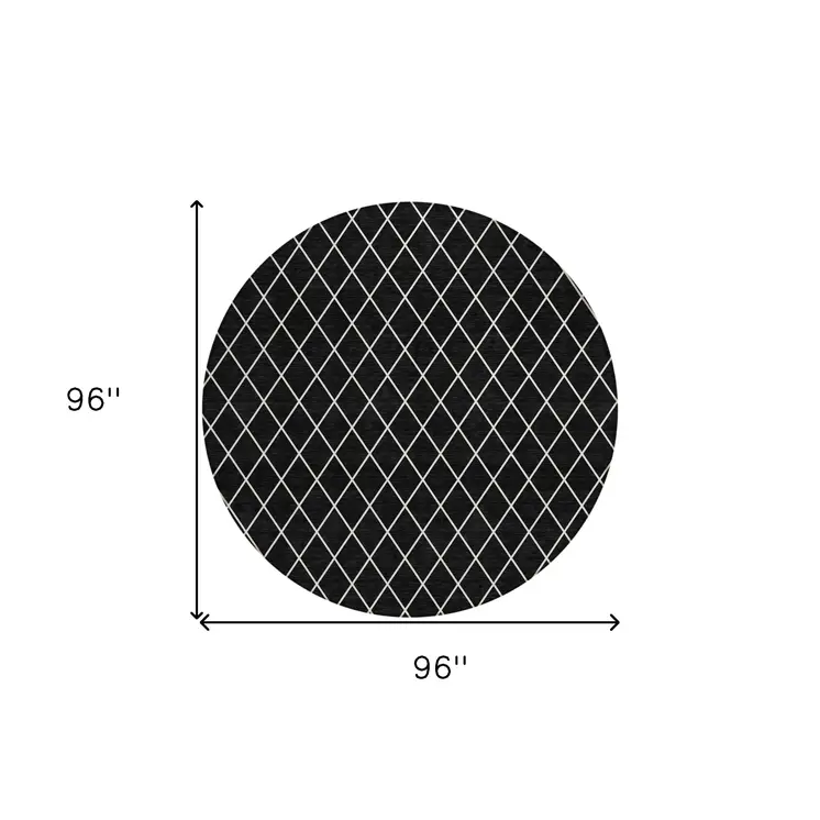 8' Black And Ivory Round Geometric Washable Indoor Outdoor Area Rug