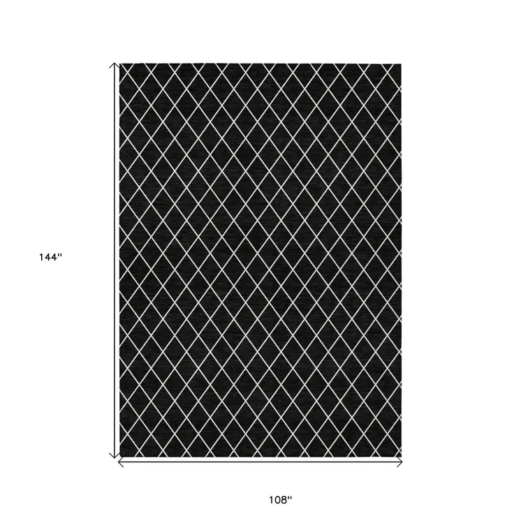 9' X 12' Black And Ivory Geometric Washable Indoor Outdoor Area Rug