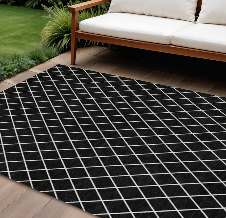 10' X 14' Black And Ivory Geometric Washable Indoor Outdoor Area Rug