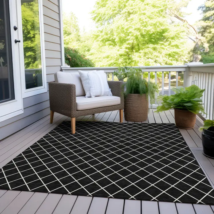 10' X 14' Black And Ivory Geometric Washable Indoor Outdoor Area Rug