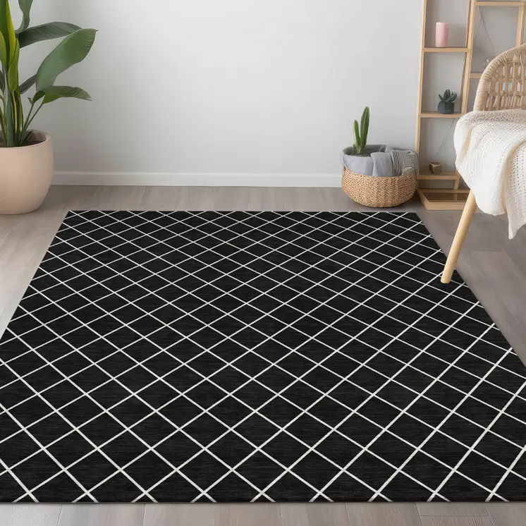 10' X 14' Black And Ivory Geometric Washable Indoor Outdoor Area Rug