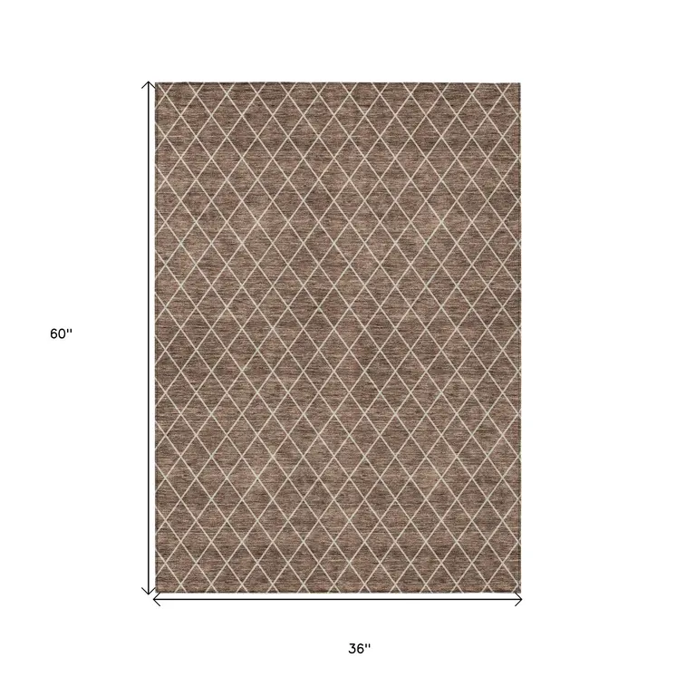 3' X 5' Brown And Beige Geometric Washable Indoor Outdoor Area Rug