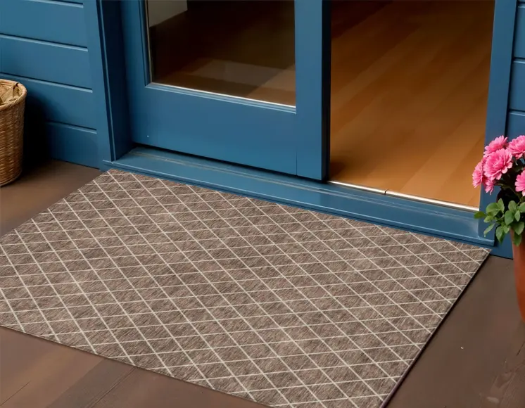 3' X 5' Brown And Beige Geometric Washable Indoor Outdoor Area Rug
