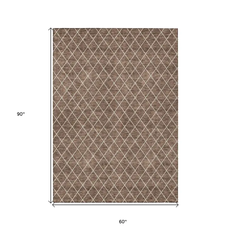 5' X 8' Brown And Beige Geometric Washable Indoor Outdoor Area Rug