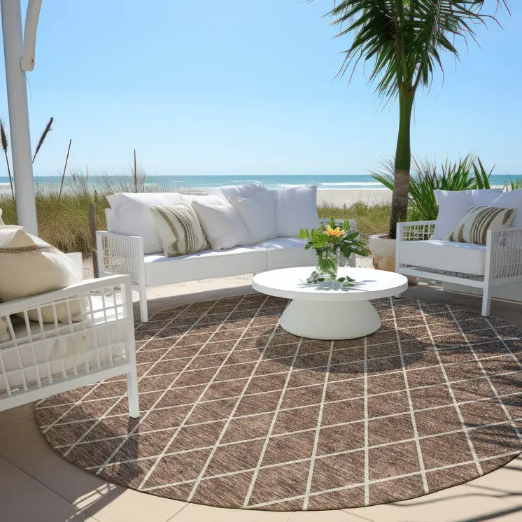 8' Brown And Beige Round Geometric Washable Indoor Outdoor Area Rug