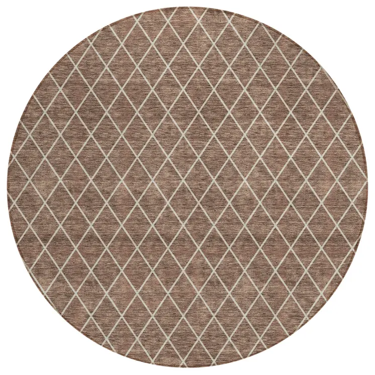 8' Brown And Beige Round Geometric Washable Indoor Outdoor Area Rug