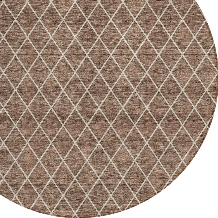 8' Brown And Beige Round Geometric Washable Indoor Outdoor Area Rug