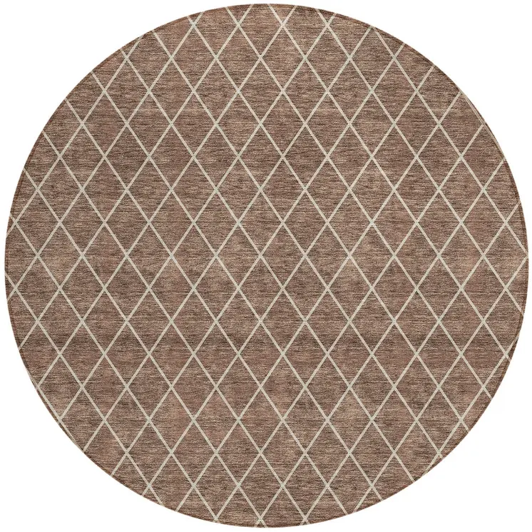 8' Brown And Beige Round Geometric Washable Indoor Outdoor Area Rug
