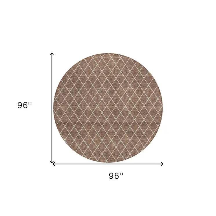 8' Brown And Beige Round Geometric Washable Indoor Outdoor Area Rug