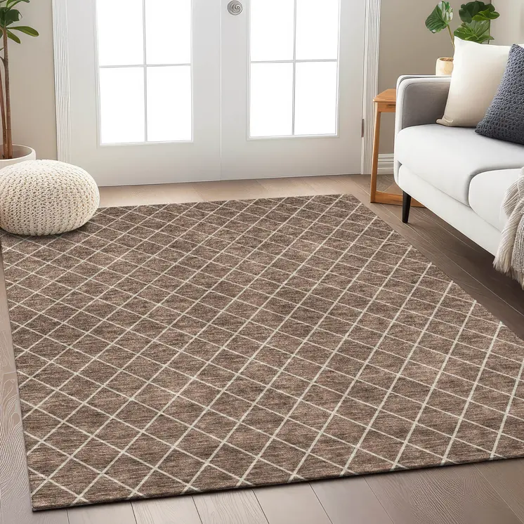 8' X 10' Brown And Beige Geometric Washable Indoor Outdoor Area Rug