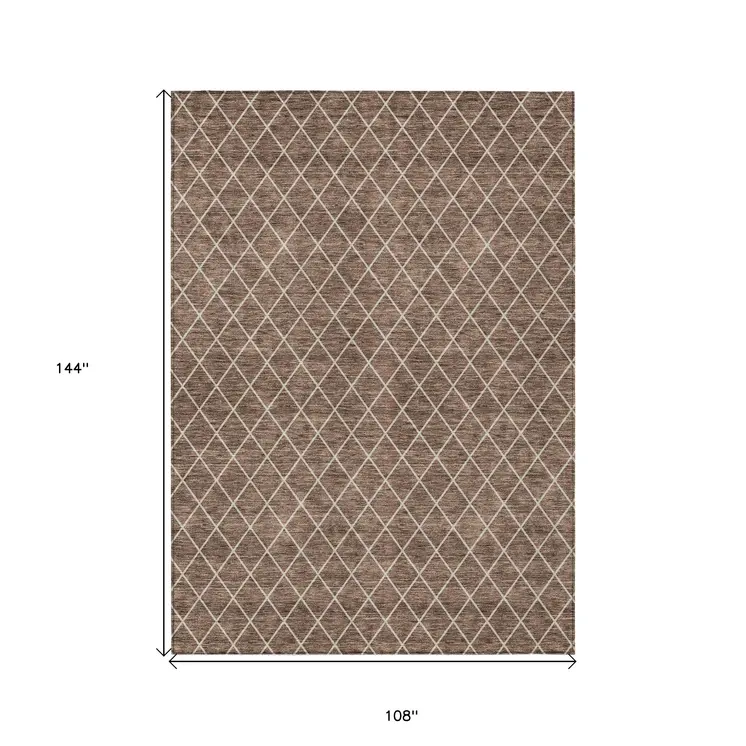 9' X 12' Brown And Beige Geometric Washable Indoor Outdoor Area Rug