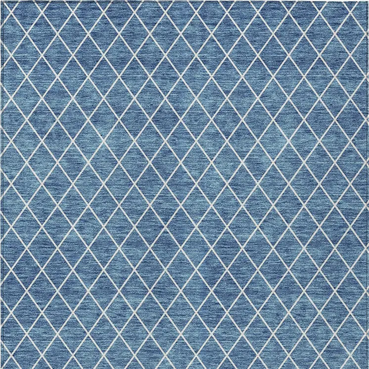5' X 8' Denim Blue And Ivory Geometric Washable Indoor Outdoor Area Rug