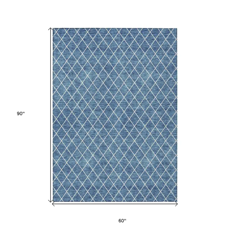 5' X 8' Denim Blue And Ivory Geometric Washable Indoor Outdoor Area Rug