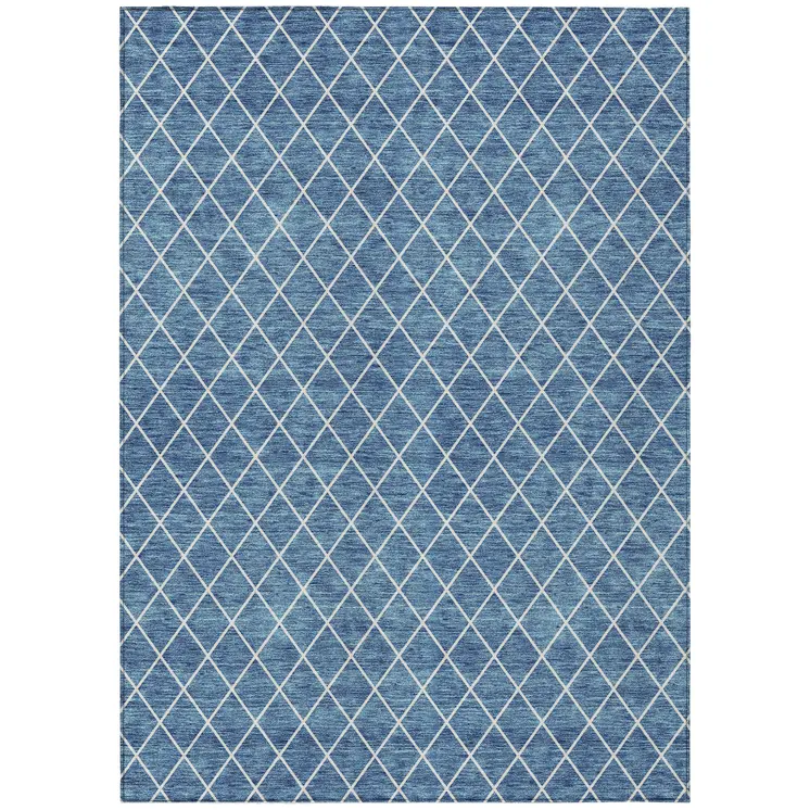 5' X 8' Denim Blue And Ivory Geometric Washable Indoor Outdoor Area Rug