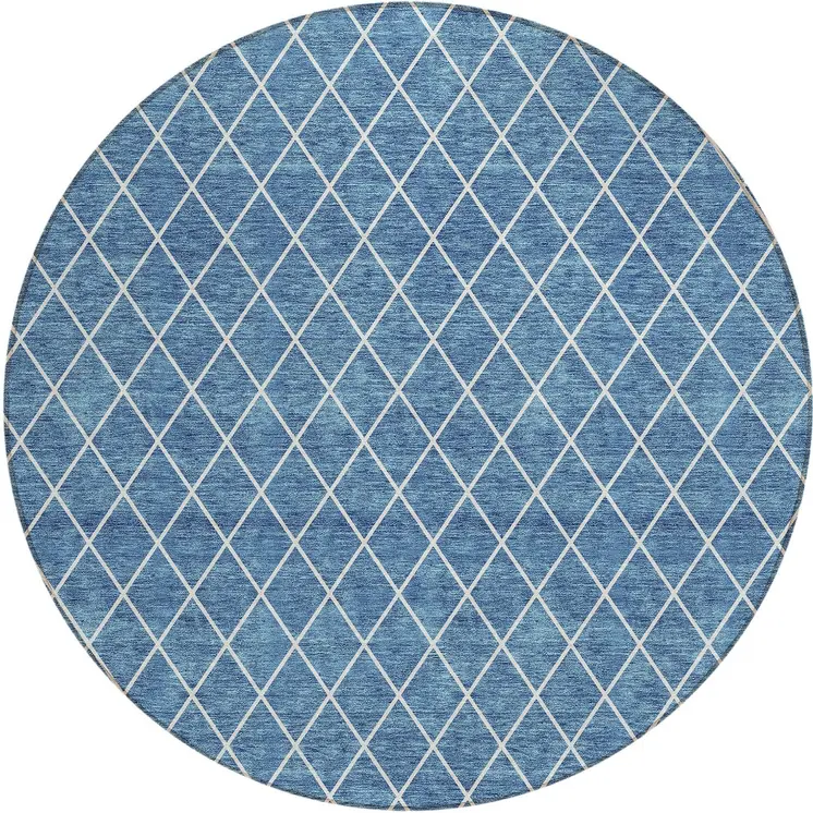 8' Denim Blue And Ivory Round Geometric Washable Indoor Outdoor Area Rug