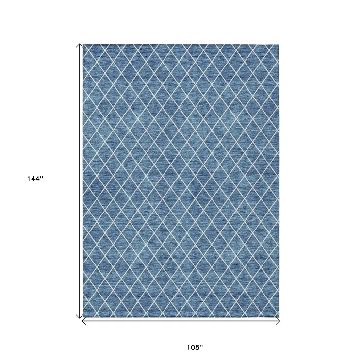 9' X 12' Denim Blue And Ivory Geometric Washable Indoor Outdoor Area Rug