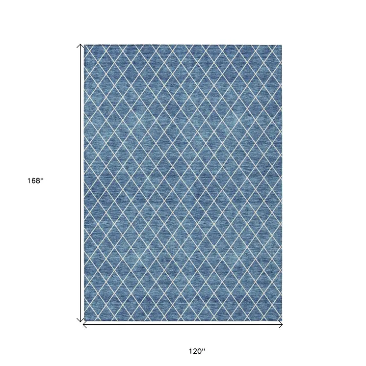 10' X 14' Denim Blue And Ivory Geometric Washable Indoor Outdoor Area Rug