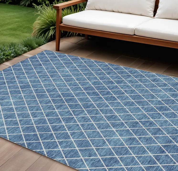 10' X 14' Denim Blue And Ivory Geometric Washable Indoor Outdoor Area Rug