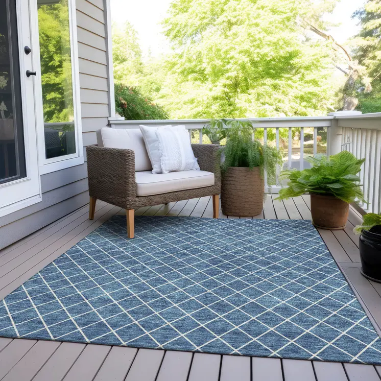 10' X 14' Denim Blue And Ivory Geometric Washable Indoor Outdoor Area Rug